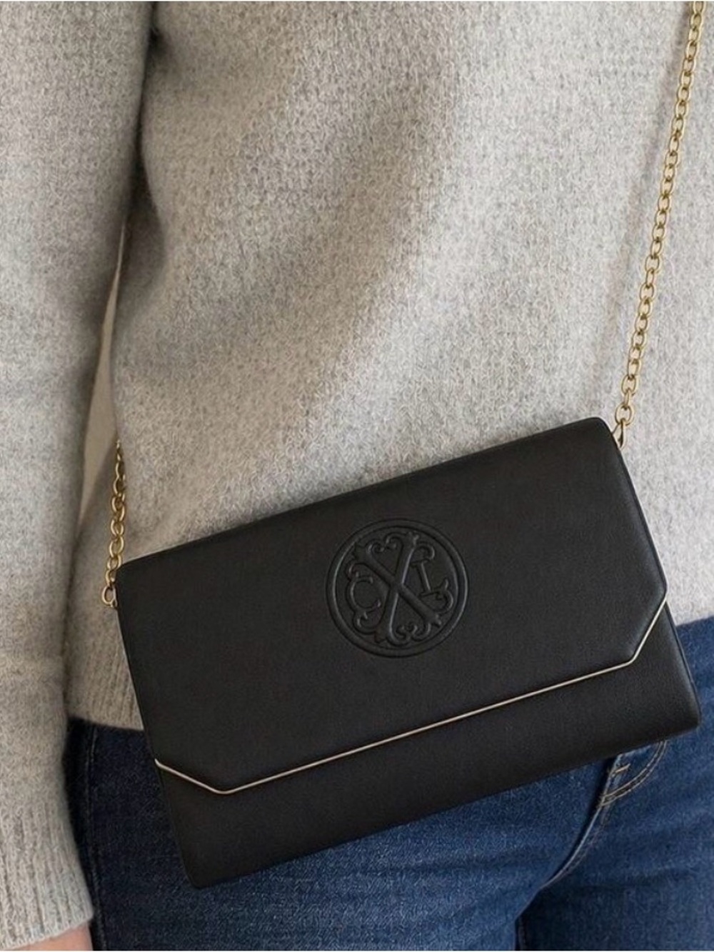 CXL Christian Lacroix Madison Smooth Black Clutch Crossbody Bag Chain Strap NWT